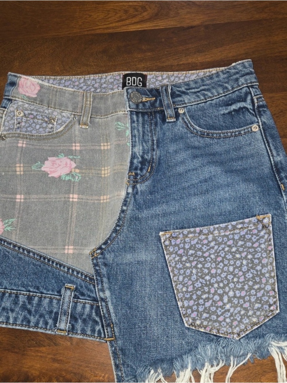 BDG Mixed Floral Patchwork Denim Mini Skirt - Blue, Lavender & Pink